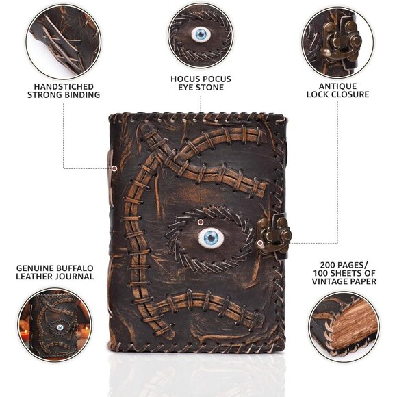 Vintage Spell Book Leather Bound Journal 7”X5” | 200 Pages |Brown| Blank Deckle - Picture 3 of 7